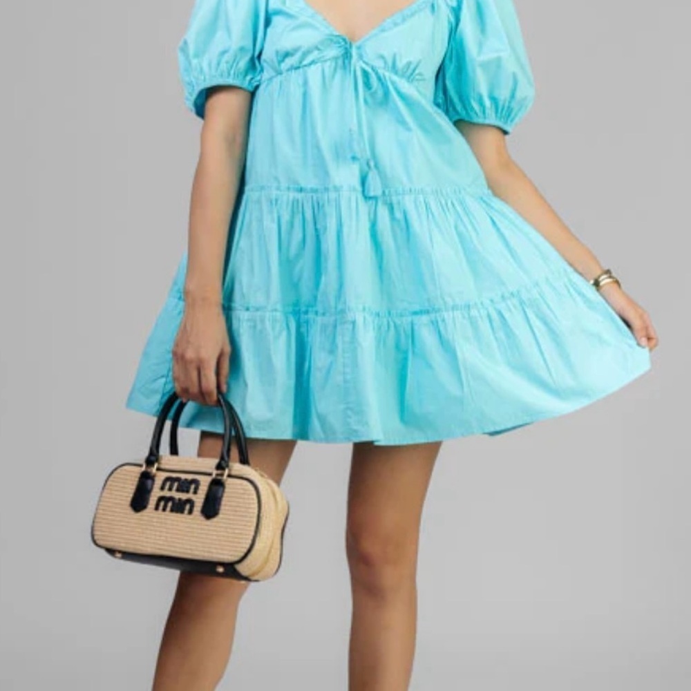 Blue Ruffled Sundress with Puff Sleeves and Sweetheart Neckline